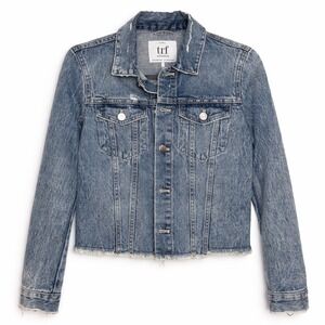 ZARA TRF Cropped Denim Jacket Frayed Hem XS Blue Distressed Crop Jean Jacket